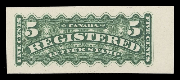THE AFAB COLLECTION - CANADA  F2,Two large margined plate proof singles in the known distinctive shades - green and yellow green, both on printed on thin white card; a scarce and attractive duo, XF