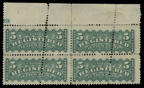 THE AFAB COLLECTION - CANADA  F2a + variety,A top margin block of four with small portion of BABN imprint at  left, vertical perforations are DOUBLED, disturbed part original  gum with some paper adherence and perf separation in places  strengthened by hinges, nevertheless visually striking and rare,  Fine