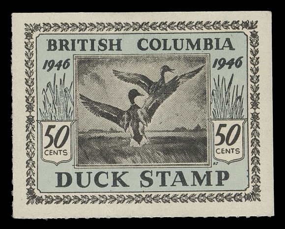 THE AFAB COLLECTION - CANADA  Wildlife Conservation BCD1,Mint single with rouletting on two sides (the upper right stamp in the pane), tiny thin at top, a scarce and sought-after stamp, VF OG (Van Dam cat. $2,500)