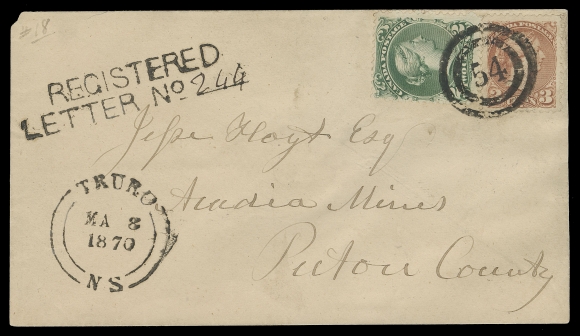 THE AFAB COLLECTION - CANADA  1870 (March 8) An unusually clean and superb registered cover mailed from Truro, Nova Scotia to Acadia Mines, Pictou County, bearing Large Queen 2c green and the elusive Small Queen 3c copper red, perf 12½, the stamp quite well centered with large margins and tied by an outstanding strike of the two-ring 