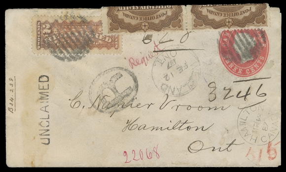THE AFAB COLLECTION - CANADA  1887 (February 12) 3c red postal envelope (140 x 80mm) mailed registered from Welland, Ont. to Hamilton, bearing 2c orange, indicia and RLS cancelled by circular grids, Welland dispatch and oval "R" registration handstamp struck at centre, Hamilton receiver on back; then entering Dead Letter Office with three different DLO markings on back, one of which is a US DLO marking (Mar 31 87), opened and sealed with two examples of 1879 Brown Officially Sealed Stamps at top, instructional "UNCLAIMED" marking struck on both sides of the envelope, minor soiling at left immaterial for such a great rarity. An impressive and very rare Officially Sealed cover, ideal for exhibition, VF (Unitrade F1, OX1, Webb EN4)

Provenance: Horace Harrison, R. Lee Auctions, October 2003; Lot 275

Literature: Illustrated and discussed in Harrison, Arfken and Lussey "Canada