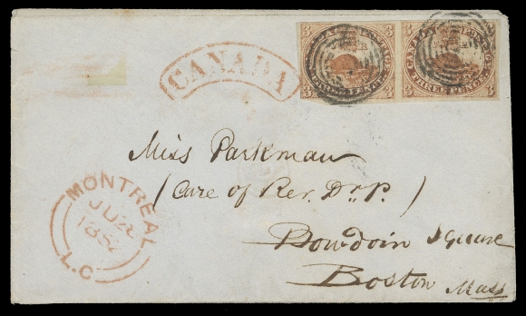 THE AFAB COLLECTION - CANADA  1852 (June 28) Small envelope from Montreal to Boston, bearing a horizontal pair of 3p orange vermilion on handmade laid paper with visible laid lines, slightly touching frame on left stamp, otherwise well clear to large margins, each stamp with central concentric rings cancellation, double arc Montreal dispatch datestamp in red and same-ink border exchange "CANADA" arc just ties left-hand stamp; no backstamp as customary for mail to the United States.The right-hand stamp shows the Major Re-entry (Plate A; Pos. 47), the best known plate variety with strong doubling in and below  "EE PEN", below three "3" numerals among other traits. A great cover - certainly one of the nicest (of the very few existing) covers bearing the sought-after and well-documented Major Re-entry, VF (Unitrade 1iii)Expertization: 1987 BPA certificateProvenance: Henry Schneider, Siegel, October 1996; Lot 39