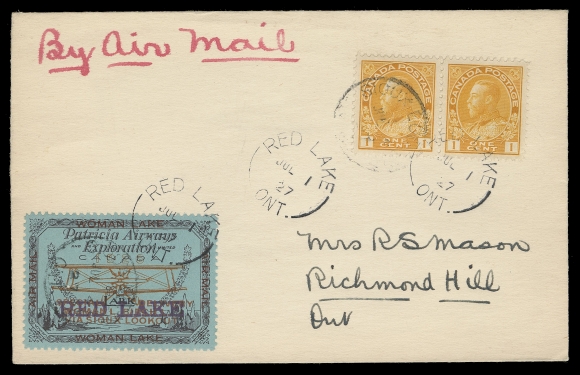THE AFAB COLLECTION - CANADA  1927 (July 1) Red Lake - Sioux Lookout flight cover franked with pair of 1c yellow Admiral, Die I tied by Red Lake JUL 1 split ring departure, additional strike ties a (50c) Patricia Airways, Style Two with HORIZONTAL (5c) RED LAKE handstamp (Type D) in violet, shows centrally struck Sioux Lookout JUL 4 arrival CDS, as well as on left 1c yellow stamp and on reverse. A highly desirable overprint variety on cover, extremely rare and VF (Unitrade CL21bi; AAMC CL21-2700b; about 5 pieces carried)