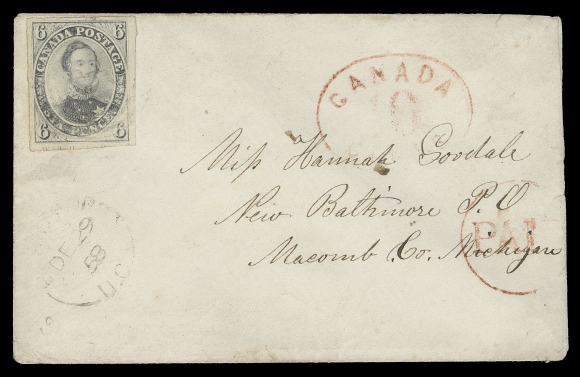 THE AFAB COLLECTION - CANADA  1858 (December 29) Small envelope mailed from Brantford, U.C. to New Baltimore, Macomb County, Michigan, bearing a noticeably large margined imperforate 6p grey violet on thick hard wove paper with clear trace of Rawdon, Wright, Hatch & Edson imprint at foot, slight surface rubbing, light centrally struck four-ring 