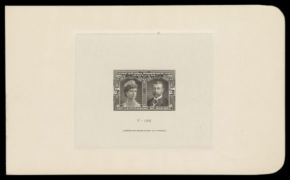 THE AFAB COLLECTION - CANADA  96,Large Die Essay printed in black brown, displaying the unissued "King in Civilian Dress" (as opposed to the Military Uniform on the issued stamp); printed on india paper 76 x 63mm, die sunk on large card 153 x 93mm, rounded corners at right from a presentation album, die "F-192" and American Bank Note Co. Ottawa imprint below design. An outstanding die essay of great rarity, about half a dozen exist, XF showpiece (Minuse & Pratt 96E-Aa)