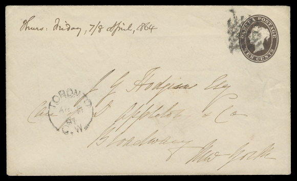 THE AFAB COLLECTION - CANADA  1864 (April 8) Ten cent dark brown embossed indicia postal envelope mailed from Toronto to New York, cancelled by diamond grid of Toronto with split ring dispatch at left, paying the current 10c letter rate to the US; no backstamp as customary. A scarce, clean usage of the Ten cent Nesbitt envelope, VF (Webb EN2)