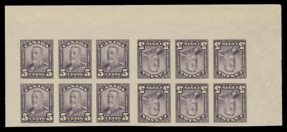 THE AFAB COLLECTION - CANADA 149c, 150c, 153c,A remarkable top margin set of three imperforate tête-bêche strips of twelve with 4.5mm vertical gutter between the booklet panes of six, Two cent with "2 TOP 916 AA" plate inscription; 2c & 5c light wrinkles or gum bends mostly confined to selvedge. A great set ideal for a serious collection, VF NH (Unitrade cat. $7,425)