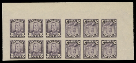 THE AFAB COLLECTION - CANADA  149c, 150c, 153c,A remarkable top margin set of three imperforate tête-bêche strips of twelve with 4.5mm vertical gutter between the booklet panes of six, Two cent with "2 TOP 916 AA" plate inscription; 2c & 5c light wrinkles or gum bends mostly confined to selvedge. A great set ideal for a serious collection, VF NH (Unitrade cat. $7,425)