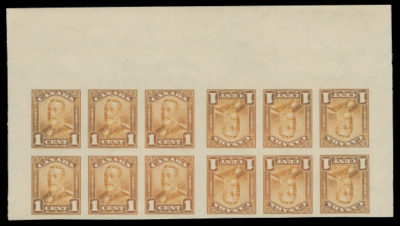 THE AFAB COLLECTION - CANADA  149c, 150c, 153c,A remarkable top margin set of three imperforate tête-bêche strips of twelve with 4.5mm vertical gutter between the booklet panes of six, Two cent with "2 TOP 916 AA" plate inscription; 2c & 5c light wrinkles or gum bends mostly confined to selvedge. A great set ideal for a serious collection, VF NH (Unitrade cat. $7,425)