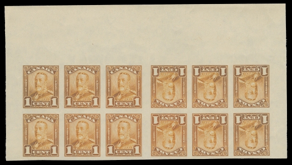 THE AFAB COLLECTION - CANADA 149c, 150c, 153c,A remarkable top margin set of three imperforate tête-bêche strips of twelve with 4.5mm vertical gutter between the booklet panes of six, Two cent with "2 TOP 916 AA" plate inscription; 2c & 5c light wrinkles or gum bends mostly confined to selvedge. A great set ideal for a serious collection, VF NH (Unitrade cat. $7,425)