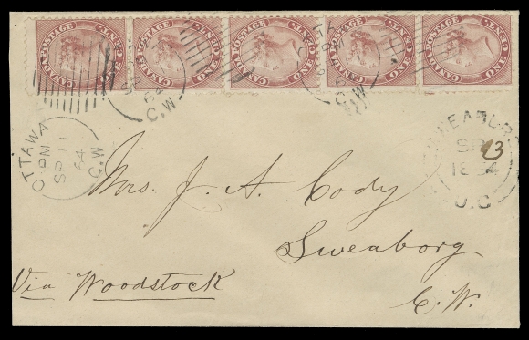 THE AFAB COLLECTION - CANADA  1864 (September 11) Unusually clean and fresh cover endorsed "Via Woodstock", slightly reduced at left, bearing a select vertical strip of five of the 1c rose, perf 12x11¾, neatly tied by Ottawa duplex datestamps, faint G.W.R. split ring and clearer Woodstock SP 13 64 transit backstamps, Sweaburg, U.C. double arc receiver struck on obverse; a beautiful cover paying the 5 cent domestic letter rate, VF+ (Unitrade 14viii)