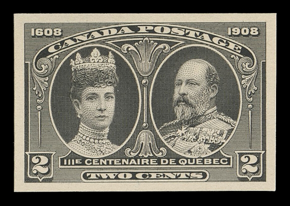 THE AFAB COLLECTION - CANADA 96-103,An exceptionally rare and choice set of eight Engraved Trial Colour Die Proofs, printed in black stamp size on thin white card (0.01" thick), each in pristine condition with sharp impression. Very few sets (almost invariably stamp size) exist printed in black, this set is one of finest, VF-XF (Minuse & Pratt 96TC2-103TC2)
Provenance: Sir Gawaine Baillie, Sale VII - British North America, Sotheby
