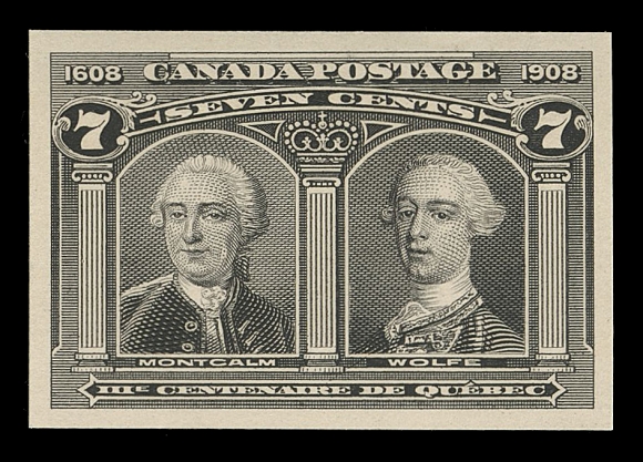 THE AFAB COLLECTION - CANADA  96-103,An exceptionally rare and choice set of eight Engraved Trial Colour Die Proofs, printed in black stamp size on thin white card (0.01" thick), each in pristine condition with sharp impression. Very few sets (almost invariably stamp size) exist printed in black, this set is one of finest, VF-XF (Minuse & Pratt 96TC2-103TC2)Provenance: Sir Gawaine Baillie, Sale VII - British North America, Sotheby