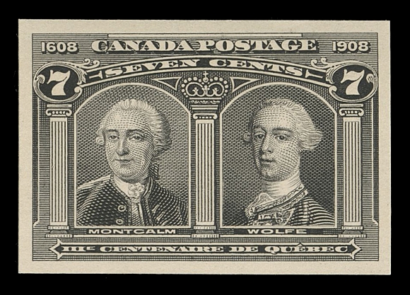 THE AFAB COLLECTION - CANADA  96-103,An exceptionally rare and choice set of eight Engraved Trial Colour Die Proofs, printed in black stamp size on thin white card (0.01" thick), each in pristine condition with sharp impression. Very few sets (almost invariably stamp size) exist printed in black, this set is one of finest, VF-XF (Minuse & Pratt 96TC2-103TC2)

Provenance: Sir Gawaine Baillie, Sale VII - British North America, Sotheby