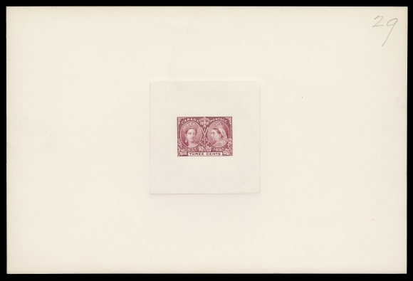 THE AFAB COLLECTION - CANADA 53,An extraordinary Trial Colour Large Die Proof printed in lake - the adopted colour of the One dollar denomination, die sunk directly to remarkable full-size card 226 x 151mm, ABNC pencil notation "29" at top right (a colour code identification among the 36 different trial colours submitted). Outstanding in all respects, XF (Minuse & Pratt 53TC1b)