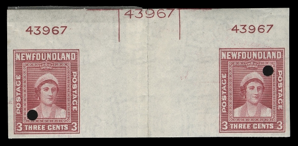 THE AFAB COLLECTION - NEWFOUNDLAND 1897-1947 ISSUES  253, 254, 255, 257,Matching set of four imperforate inter-panneau pairs; each with wide gutter (45mm) margin between and two plate numbers, portion of a larger plate number situated at top centre. A few archival annotations and customary Waterlow security punch. Usual wrinkling; 3c & 5c central fold severed with paste-up by the printer. A rare matched set of plate numbered positional pairs, VF; ex. Senator Henry D. Hicks (November 1991; Lot 344)