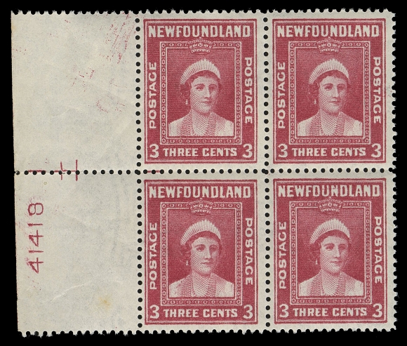 THE AFAB COLLECTION - NEWFOUNDLAND 1897-1947 ISSUES  255v,Matching left centre margin blocks, both displaying background without cross hatching, guidelines at left, one with guide dot and the other with plate "41418". An appealing and no doubt very rare duo, F-VF NH (Cat. $1,800 as singles)