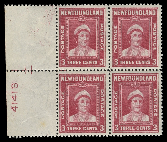 THE AFAB COLLECTION - NEWFOUNDLAND 1897-1947 ISSUES 255v,Matching left centre margin blocks, both displaying background without cross hatching, guidelines at left, one with guide dot and the other with plate "41418". An appealing and no doubt very rare duo, F-VF NH (Cat. $1,800 as singles)