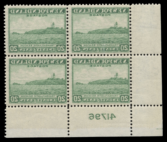 THE AFAB COLLECTION - NEWFOUNDLAND 1897-1947 ISSUES  263i,Lower left plate "41796" block, displaying a remarkably strong full reverse offset on gum side including the plate number. In pristine condition and very rare, VF NH (Cat. as four singles) 