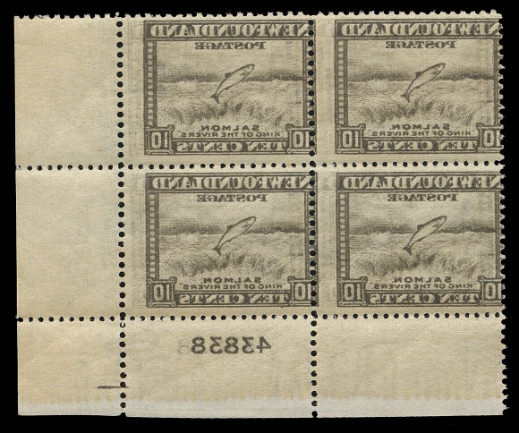 THE AFAB COLLECTION - NEWFOUNDLAND 1897-1947 ISSUES  260i,Lower right plate "43838" block displaying a remarkably full reverse offset on gum side including the plate number; stamps well centered, offset shifted, very rare, VF NH (Cat. as four singles)