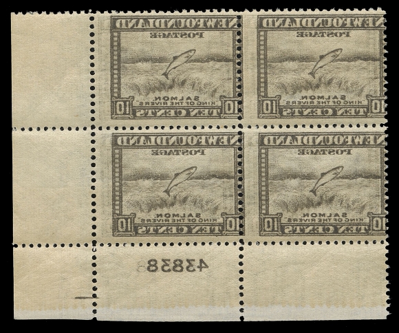 THE AFAB COLLECTION - NEWFOUNDLAND 1897-1947 ISSUES 260i,Lower right plate "43838" block displaying a remarkably full reverse offset on gum side including the plate number; stamps well centered, offset shifted, very rare, VF NH (Cat. as four singles)