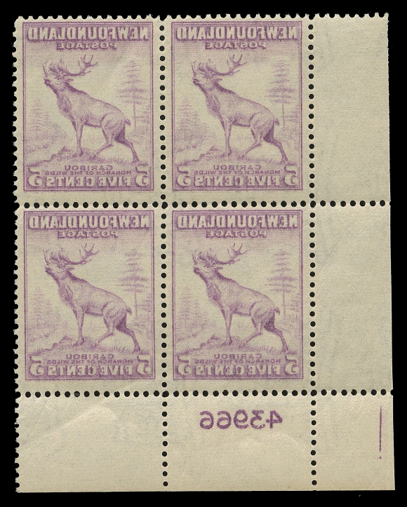THE AFAB COLLECTION - NEWFOUNDLAND 1897-1947 ISSUES  257vi,Lower left plate "43966" block displaying a remarkably full reverse offset on gum side including the plate number, very rare, F-VF NH (Cat. as four Fine singles only)