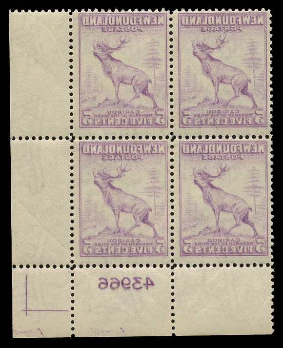 THE AFAB COLLECTION - NEWFOUNDLAND 1897-1947 ISSUES  257vi,Lower right plate "43966" block displaying a remarkably full reverse offset on gum side including the plate number. Perhaps the only known LR block, F-VF NH (Cat. as four singles; as fine only)