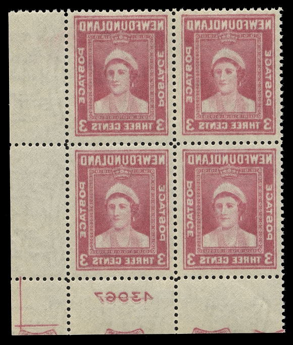 THE AFAB COLLECTION - NEWFOUNDLAND 1897-1947 ISSUES  255iv,Lower right plate "43967" block displaying a remarkably full reverse offset on gum side including the plate number. Rare and showing unusual scrollwork at foot on both sides, VF NH (Cat. as four singles)