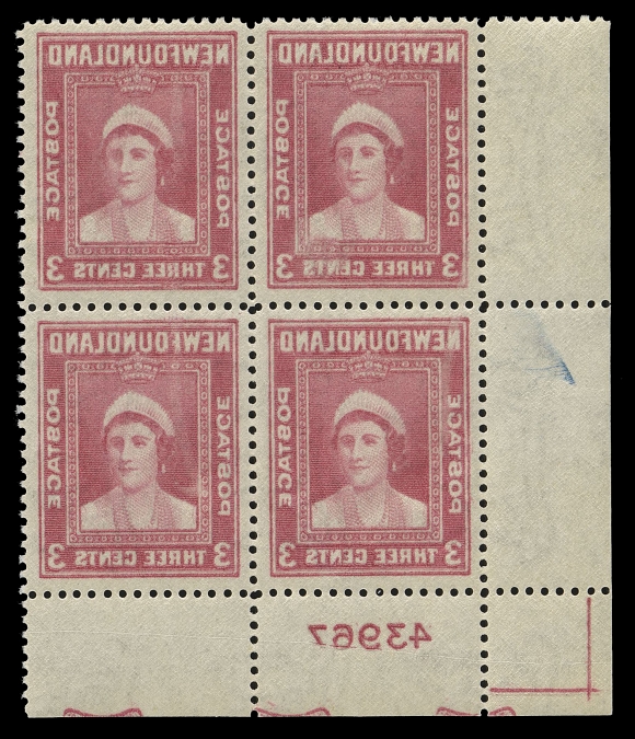 THE AFAB COLLECTION - NEWFOUNDLAND 1897-1947 ISSUES  255iv,Lower left plate "43967" block displaying a remarkably full reverse offset on gum side including the plate number. Very rare and showing unusual scrollwork at foot on both sides, VF NH (Cat. as four singles)