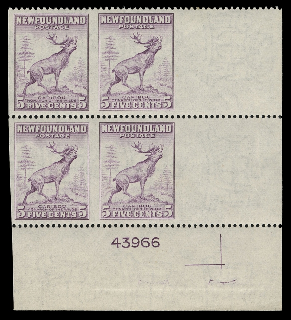 THE AFAB COLLECTION - NEWFOUNDLAND 1897-1947 ISSUES  257b,A superb mint lower right plate "43966" block of four, imperforate vertically in error, well centered and fresh; lower sheet margin with horizontal gum crease at foot. A very rare and desirable plate block with this striking perforation error, VF NH (Cat. as two pairs)