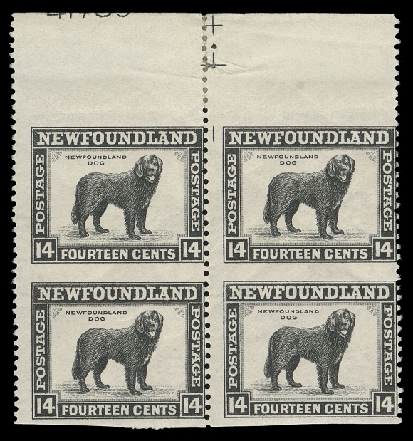 THE AFAB COLLECTION - NEWFOUNDLAND 1897-1947 ISSUES  261c,A visually striking top margin mint block imperforate horizontally, showing cross guidelines in margin from top centre of the sheet position with portion of plate "41789" visible along top; minor wrinkles and a few supported perfs in selvedge only, Fine NH; ex. Senator Henry D. Hicks (November 1991; ex. Lot 337)Similar to the fully imperforate block (offered in this sale), only one sheet (50 pairs) was printed by Waterlow & Sons showing the perforation error, making this positional block UNIQUE.