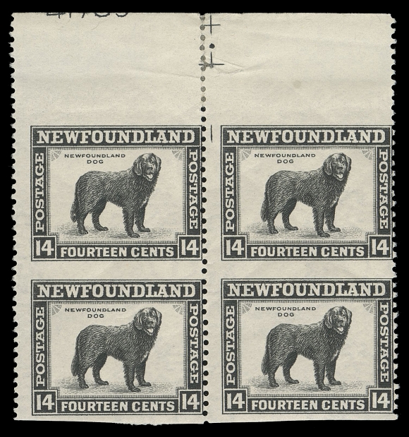 THE AFAB COLLECTION - NEWFOUNDLAND 1897-1947 ISSUES 261c,A visually striking top margin mint block imperforate horizontally, showing cross guidelines in margin from top centre of the sheet position with portion of plate "41789" visible along top; minor wrinkles and a few supported perfs in selvedge only, Fine NH; ex. Senator Henry D. Hicks (November 1991; ex. Lot 337)
Similar to the fully imperforate block (offered in this sale), only one sheet (50 pairs) was printed by Waterlow & Sons showing the perforation error, making this positional block UNIQUE.