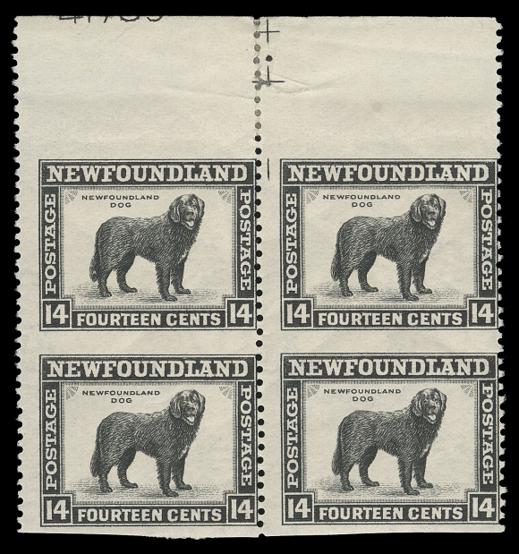 THE AFAB COLLECTION - NEWFOUNDLAND 1897-1947 ISSUES  261c,A visually striking top margin mint block imperforate horizontally, showing cross guidelines in margin from top centre of the sheet position with portion of plate "41789" visible along top; minor wrinkles and a few supported perfs in selvedge only, Fine NH; ex. Senator Henry D. Hicks (November 1991; ex. Lot 337)

Similar to the fully imperforate block (offered in this sale), only one sheet (50 pairs) was printed by Waterlow & Sons showing the perforation error, making this positional block UNIQUE.
