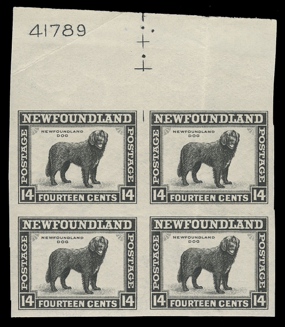 THE AFAB COLLECTION - NEWFOUNDLAND 1897-1947 ISSUES  261a,Mint imperforate block of four showing cross guidelines and plate number "41789", top centre of the sheet; usual minor creasing, a very scarce positional multiple, VF NH; ex. Senator Henry D. Hicks (November 1991; ex. Lot 337)It is believed only one imperforate sheet was printed without security punch holes, making this positional block UNIQUE.