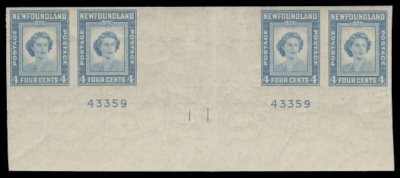 THE AFAB COLLECTION - NEWFOUNDLAND 1897-1947 ISSUES  269a variety,A visually striking mint lower margin imperforate strip of four showing the interpanneau wide (45mm) gutter margin between pairs, two plate number "43359", vertical fold at centre as do all known, natural gum wrinkling characteristic of Waterlow printings. A rare positional multiple without the Waterlow security archival punch and very rare thus; a great item for the specialist, VF NH (Unlisted in Unitrade; listed in Walsh as imperf gutter pair only) ex. Senator Henry D. Hicks (November 1991; Lot 397 as a gutter plate block of eight)