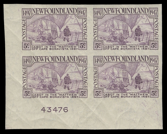 THE AFAB COLLECTION - NEWFOUNDLAND 1897-1947 ISSUES  270b,Lower left mint plate "43476" imperforate block, gum wrinkling as usual on this imperforate issue, VF NH and scarce