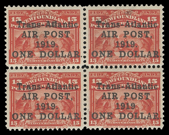 THE AFAB COLLECTION - NEWFOUNDLAND 1897-1947 ISSUES  C2, C2a, C3b,A well centered and post office fresh mint block displaying three different surcharge types including the scarce without comma after "POST" and no period after "1919" (Position 14) on lower right stamp, full pristine original gum, XF NH