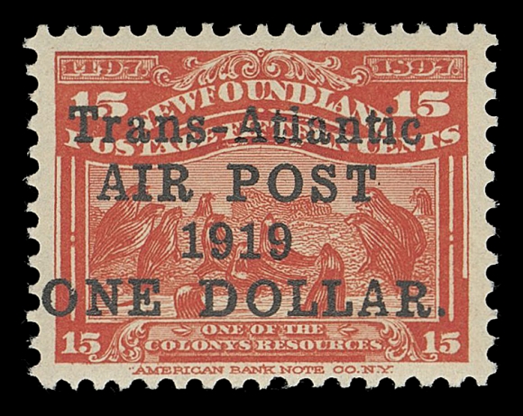 THE AFAB COLLECTION - NEWFOUNDLAND 1897-1947 ISSUES  C2b,A superb mint example of the scarcer surcharge type - without comma after "POST" and no period after "1919" (only found at Position 14 in the setting of twenty-five), XF NH GEM; 1983 Greene Foundation cert.