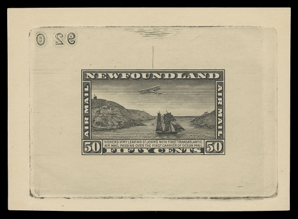THE AFAB COLLECTION - NEWFOUNDLAND 1897-1947 ISSUES  C7,Trial Colour Large Die Proof printed in black on yellowish  unwatermarked wove paper 94 x 68mm, displaying the full die sinkage; the final die with engraver