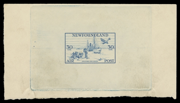 THE AFAB COLLECTION - NEWFOUNDLAND 1897-1947 ISSUES  C15,Progressive Die Proof printed in blue, colour of issue, on white wove unwatermarked paper 116 x 63mm, full die sinkage, shows no shading at skyline; light soiling away from design, a very scarce unfinished proof, F-VF (Minuse & Pratt C15PX-E)