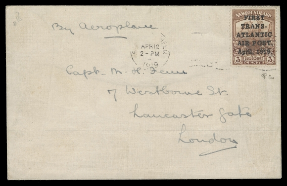 THE AFAB COLLECTION - NEWFOUNDLAND 1897-1947 ISSUES  1919 (April 12) Hawker Trans-Atlantic Pioneer Flight - an impressive intact airmail envelope endorsed "by Aeroplane", carried by pilots Hawker & Grieve on the attempted flight from St. John