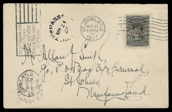 THE AFAB COLLECTION - NEWFOUNDLAND 1897-1947 ISSUES  1927 (May 21) De Pinedo Flight cover franked with a superbly centered example of this sought-after airmail rarity, tied by St. John