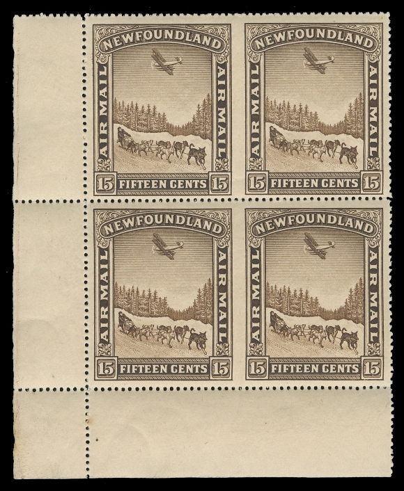THE AFAB COLLECTION - NEWFOUNDLAND 1897-1947 ISSUES  C6a,A very well centered mint lower left corner margin block of four, IMPERFORATE VERTICALLY between pairs, minute gum wrinkle on top pair, a choice and rarely offered multiple, VF NH