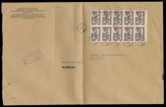 THE AFAB COLLECTION - CANADA  1952 (November 28) Large brown envelope 377 x 242mm from  Department of Veterans Affairs, folded vertically for  presentation, sent registered mail from Sackville, NB to Moncton  and bearing an impressive block of ten of 10c Drying Furs,  overprinted "G" official, left stamp in second row shows the  overprint error (Pos. 31), each stamp attractively tied by  Sackville CDS dispatch. A very scarce commercial usage of the  missing "G" official, F-VF (Unitrade O26a)