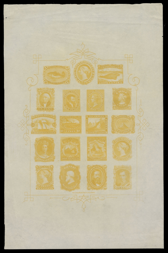 THE AFAB COLLECTION - CANADA A spectacular intact Engraved Trade Sample Proof sheet printed in golden yellow on thin white wove paper with horizontal mesh, showing nineteen different stamps including Province of Canada 1857 Half pence and 1855 Ten pence, Federal Bill Revenue 1865 Ten cent; New Brunswick 1860 Twelve and One Half cent; Newfoundland 1865 Two cent, Five cent, Ten cent, Twelve cent and Thirteen cent; Nova Scotia 1860-1863 One cent and Eight and One Half cents; plus seven different from Latin American countries.
A fabulous sheet engraved in one of the most striking colours one can hope to find. Immaterial peripheral pinhole and flaws confined to the extra wide outer margins, Very Fine (Minuse & Pratt PB-A)
Provenance: Frederick Mayer, October 2008; Lot 31
Paul Burega, April 1994; Lot 576
A FABULOUS SHEET CLEARLY ON THE SHORT-LIST OF THE MOST ATTRACTIVE AND DESIRABLE PROOFS IN ALL OF BRITISH NORTH AMERICAN PHILATELY. AMONG THE SMALL NUMBER OF SHEETS THAT SURVIVE INTACT, THIS EXAMPLE CAN EASILY BE CONSIDERED ONE OF THE MOST VISUALLY STRIKING.