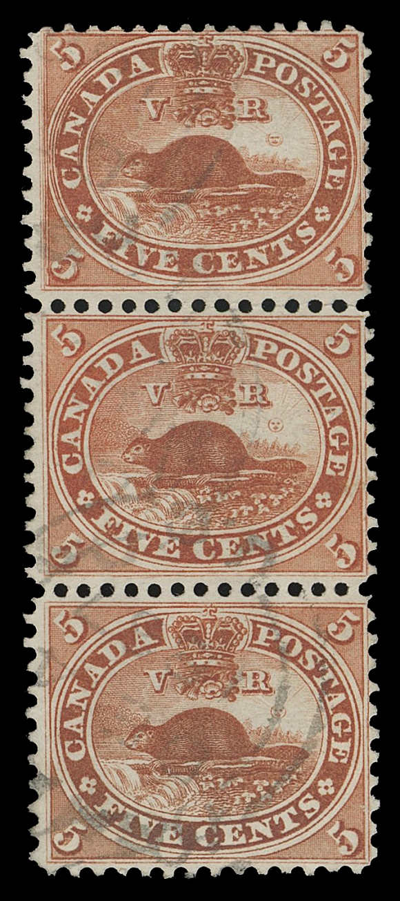 THE AFAB COLLECTION - CANADA  15v,A selected vertical strip of three, the top stamp displays the distinctive Major Re-entry (Position 28, State 10) with prominent doubling throughout design, rich colour, lightly cancelled with double arc datestamps, a very scarce multiple with the sought-after plate variety, Fine+; ex. Alfred Caspary (October 1956; Lot 161), Art Leggett (Cents Issue exhibit - private sale)
