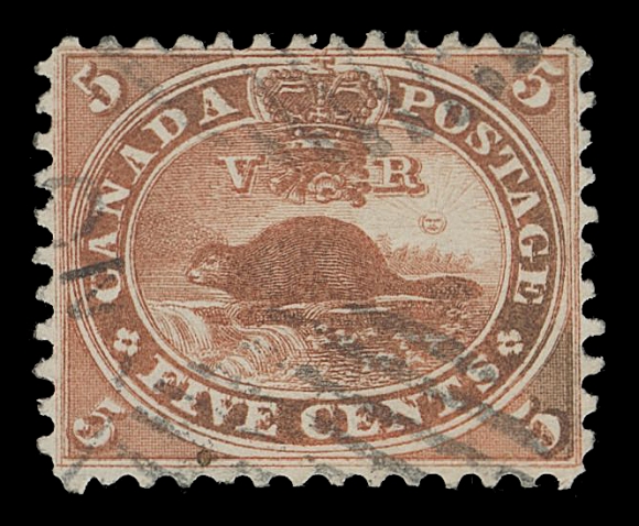 THE AFAB COLLECTION - CANADA  15v,A well centered example of the Major Re-entry (Position 28, State 10) with very strong doubling throughout design, deep rich colour, light duplex grid cancels, much nicer than normally encountered, VF; 1997 Greene Foundation cert. ex. "Crossings" BNA (February 1999; Lot 1041)
