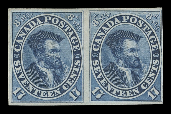 THE AFAB COLLECTION - CANADA  19b,A brilliant fresh mint imperforate pair, clear margin at right to ample margined on other three sides as often seen on these scarce imperforates, ungummed as issued; pencil signed by expert Peter Holcombe on reverse, Fine+; 1959 PF and 1986 Holcombe certificates