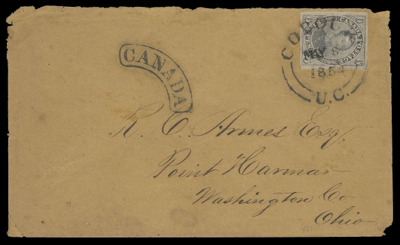 THE AFAB COLLECTION - CANADA  1854 (May 8) Orange cover bearing a large margined 6p brownish purple, imperforate with faint laid lines, unusually struck by superb Cobourg MAY 8 1854 double arc datestamp, cross border arc CANADA handstamp to Ohio, small flaws along edge of the envelope; no backstamp as customary for mail to the United States, Vincent G. Greene backstamp, Fine cover with VF+ stamp (Unitrade 2b)Provenance: Vincent Graves Greene, Sissons Sale 346, February 1975; Lot 30                   William L. Moody III, H.R. Harmer Inc., May 1951; Lot 30