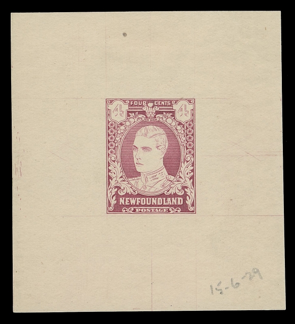 THE AFAB COLLECTION - NEWFOUNDLAND 1897-1947 ISSUES 166,Perkins Bacon Progressive Die Proof in rose red on white wove unwatermarked paper 58 x 63mm, with striking elements unfinished such as the portrait, value tablets, frame foliage, etc., tiny paper inclusion at top; pencil dated "15-6-29" at foot. A very rare and dramatic unfinished die, VF (Unlisted in Minuse & Pratt handbook)